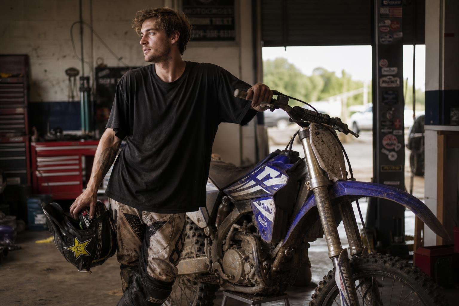 Rider in industrial garage with dirtbike