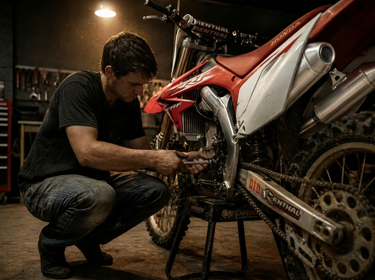 Motocross helmet on workbench
